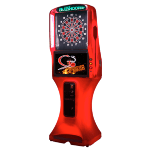 Galaxy 3 FIRE dartboard by Arachnid with 24" touchscreen display in a bright red cabinet.