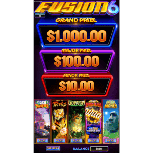 Fusion 6 by Banilla Games multi game title screen displaying 3 jackpots and 5 brand new games.