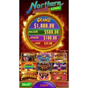 Northern Super Link by Jenka Lab main game selection screen displaying 9 different amusement games to play on one machine.